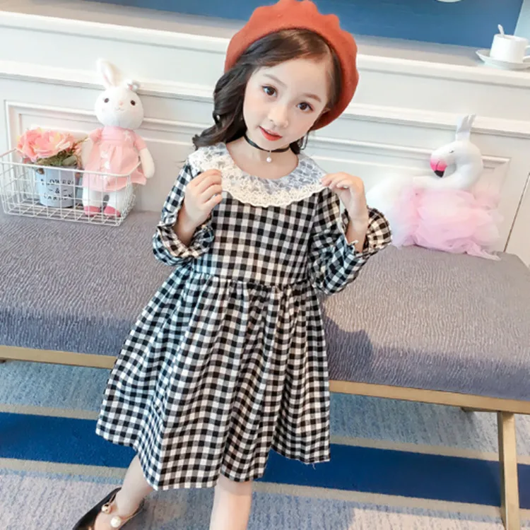 

Cotton Plaid Girl Dress White Lace Collar Children Dress Fashion Kids Dresses Girls Clothing