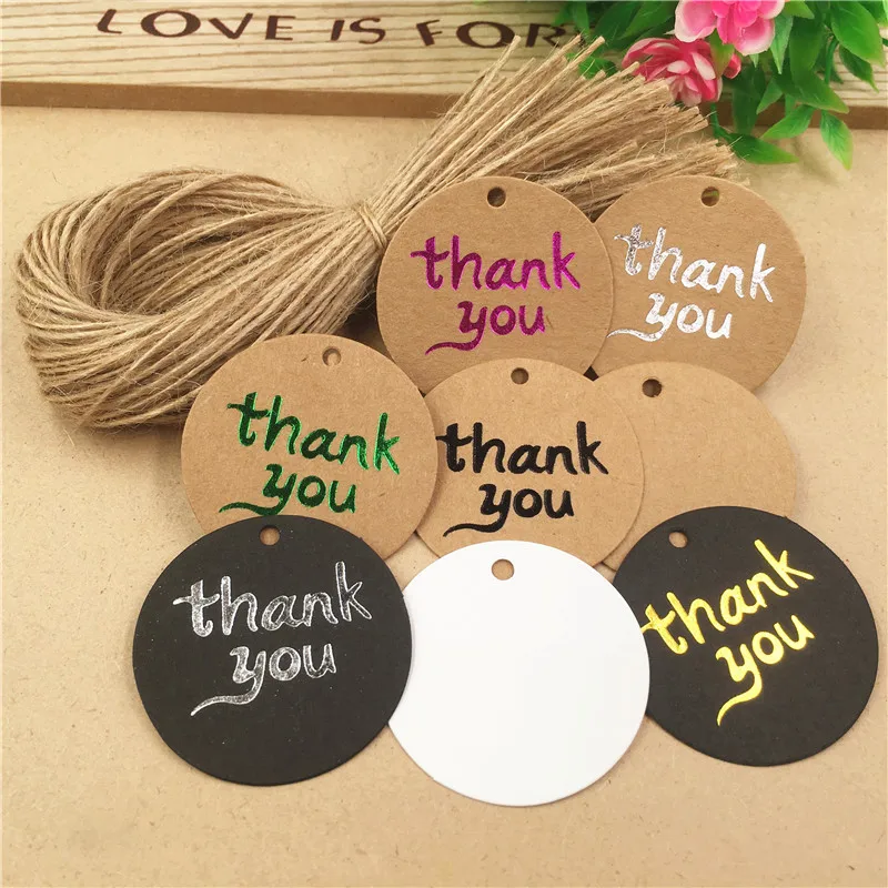

50Pcs +50Pcs Strings Hot Stamping Thank You Round Design Kraft Paper Tags For Thanksgiving Day Mother's Day Gifts Note Labels