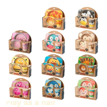 

5 Pcs Cartoon Animal Children's Bamboo Fiber Cutlery Set Baby Green Table Fork Cup Bowl Cartoon Dinner Tableware