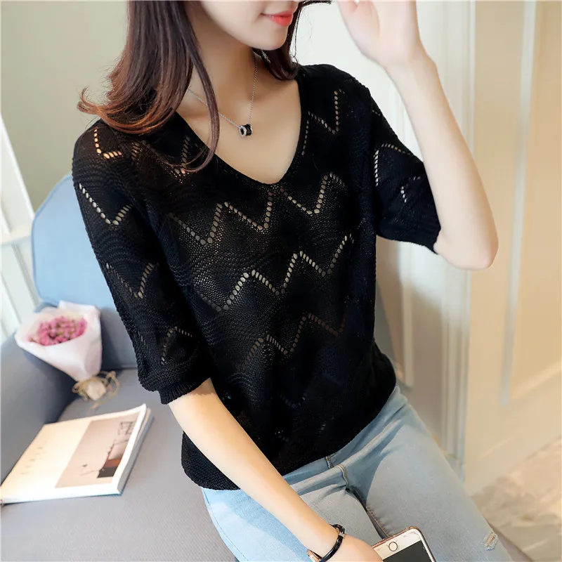 

OHCL V-neck pullover Sweater female round collar hollow blouse relaxed and fashionable jacket style in spring and summer of 2019
