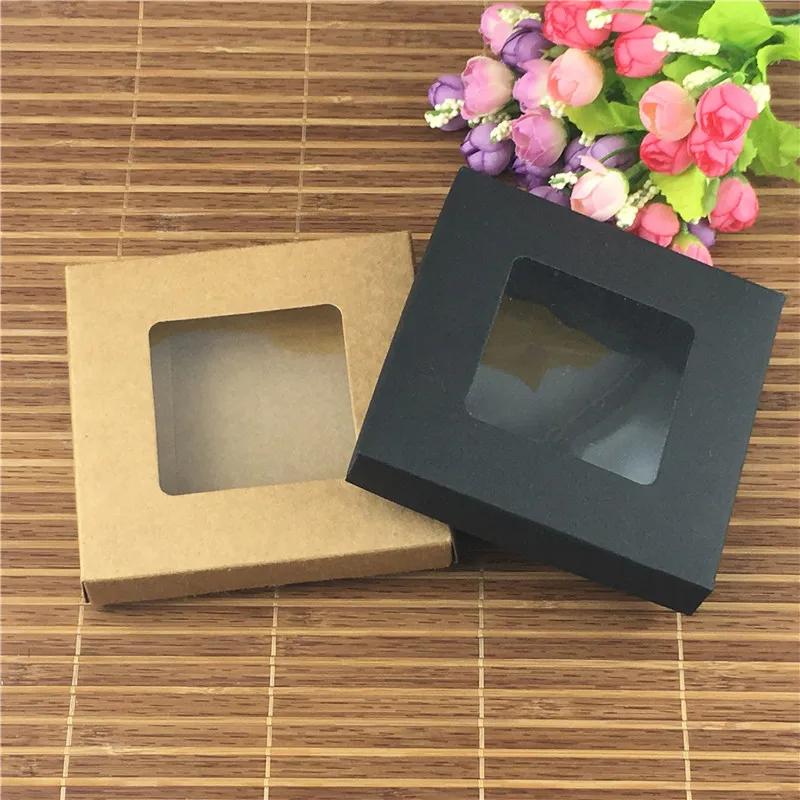 50 шт./лот 12,5x12,5x2,5 см крафт-бумажная коробка с прозрачное ПВХ окошко высокого качества дисплей коробки ювелирных изделий принимаем логотип на заказ