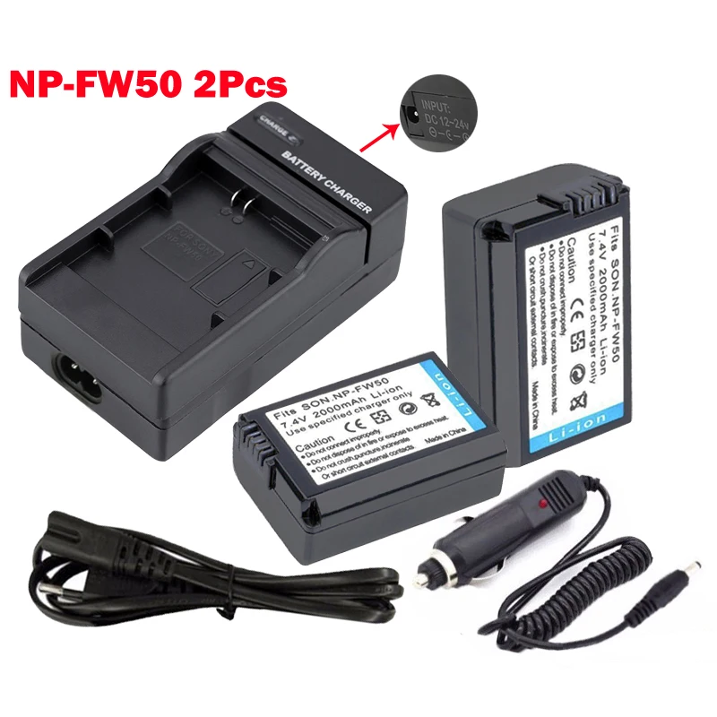 2x NP FW50 Battery +EUR Charger,CAR adapter For Sony NP-FW50 NEX-5 NEX-5C NEX-5D A5000 A5100 A7R A6000 A63000 A7000 Alpha 7R II