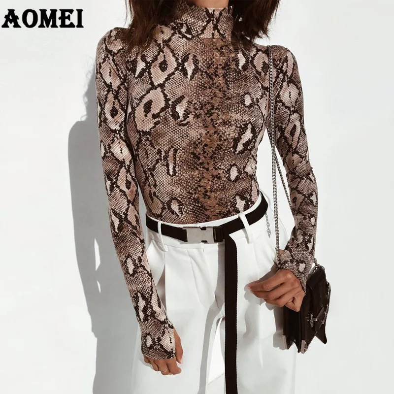 

Sexy Slim Snake Skin Printed Bodysuit Shirt Tops Long Sleeve Ladies Fashion Tight Spring Office Work Stretched Vingate Clothing