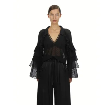 

2019 Self Portrait Blouses Dots Printed V-neck Lace Patchwork Vintage Black Ruffles Sexy Perspective Full Sleeves Loose Shirts