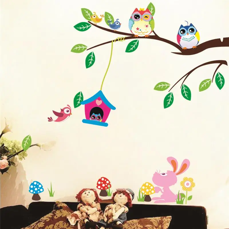 Милые мудрые совы, дерево, наклейки на стену для детской комнаты, Декорации для детской комнаты, Мультяшные наклейки для детей, животные, настенное искусство, цветы, Красочные