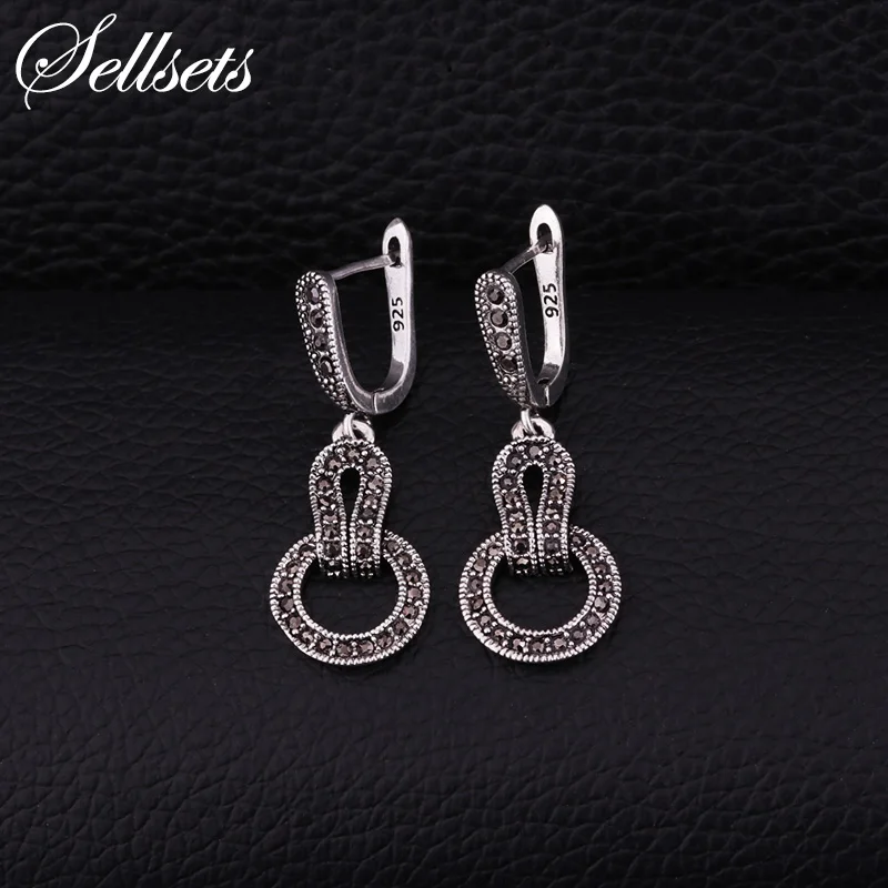 Серьги подвески Sellsets с черным фианитом в виде Стразы круглые серьги серебряного