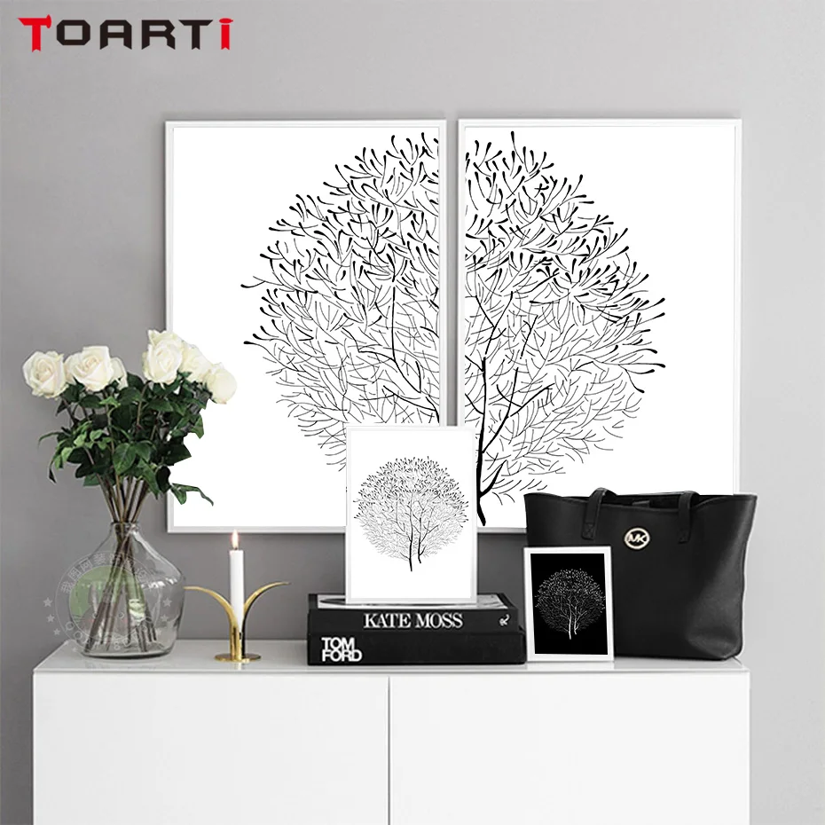

4 Piece Modern Minimalist Black and White Panels Trees Canvas Flower Painting Posters And Prints Wall Art Pictures Home Decor