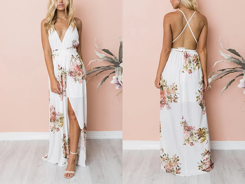 Summer Floral Print Boho Maxi Dress Women Deep V-Neck Sleeveless Spaghetti Strap Split Backless Chiffon Long Dresses (6)