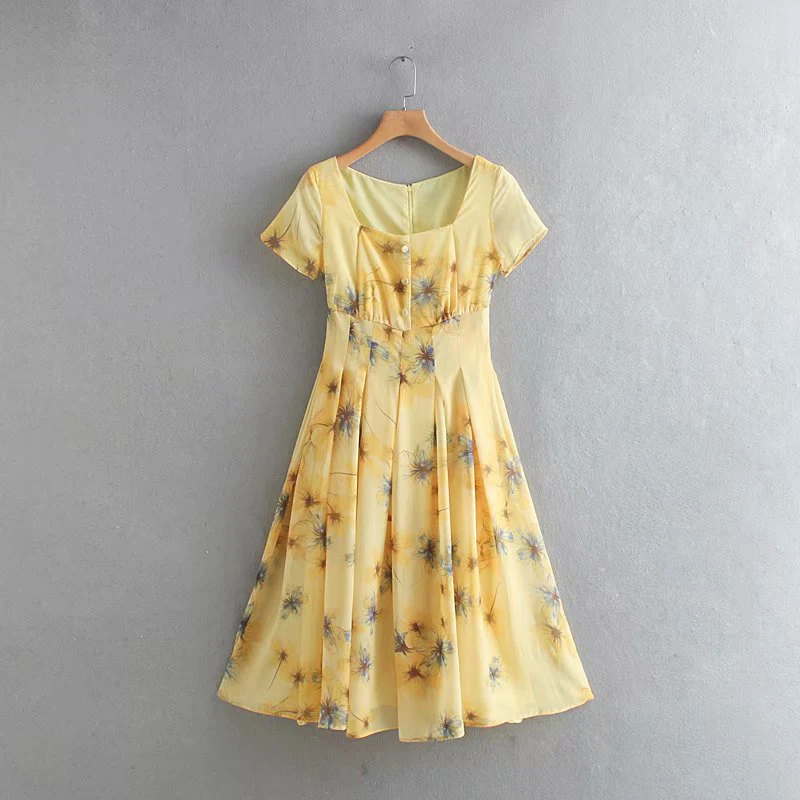 

2019 Women Summer Yellow Fashion Long Dress Female Chic Floral Print Square Collar High Waist French Style Dresses vestidos de