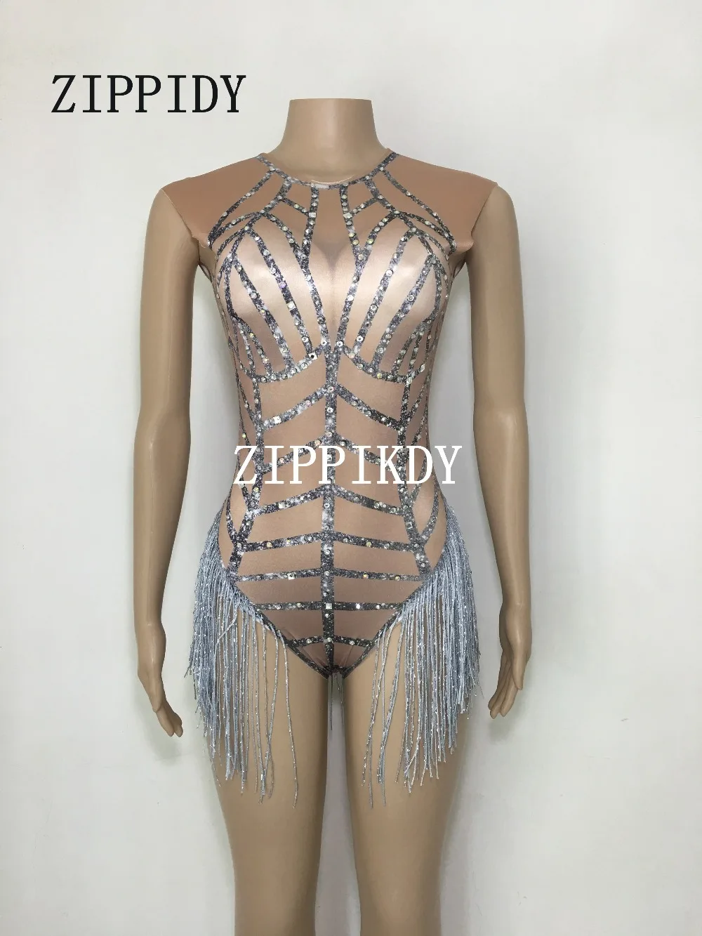 Sparkly Rhinestones Silver Tassel Bodysuit Sleeveless Big Stretch Women's Party Prom Bar Outfit Stage Female Singer Show 