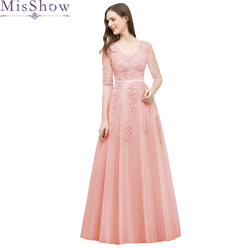 Appliques Prom Dresses Pearl Pink Short Sleeves Lace Floor Length A