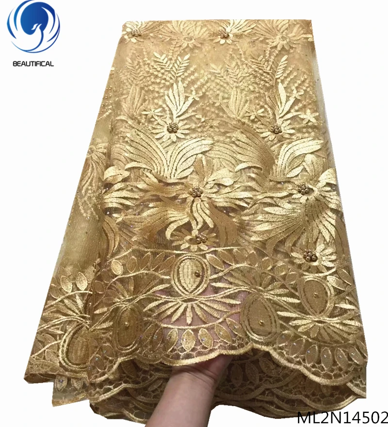 

BEAUTIFICAL african lace fabrics Latest design gold nigerian net lace embroidery fabrics with beads/stones for wedding ML2N145