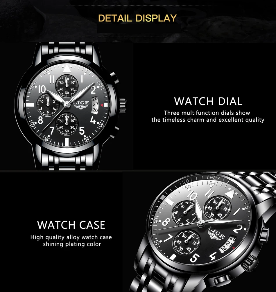 Мужские часы Топ бренд Модные хронограф LIGE черные кварцевые часы из нержавеющей стали автоматические часы с датой Relogio Masculino