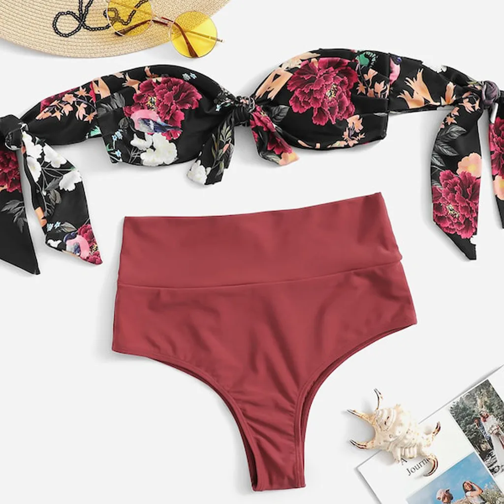 

Women Summer Print Flower Top Solid Red White Bottom Tube up Two Piece Bikini High Waist Swimsuit Pad Bandage Swimwear Beachwear