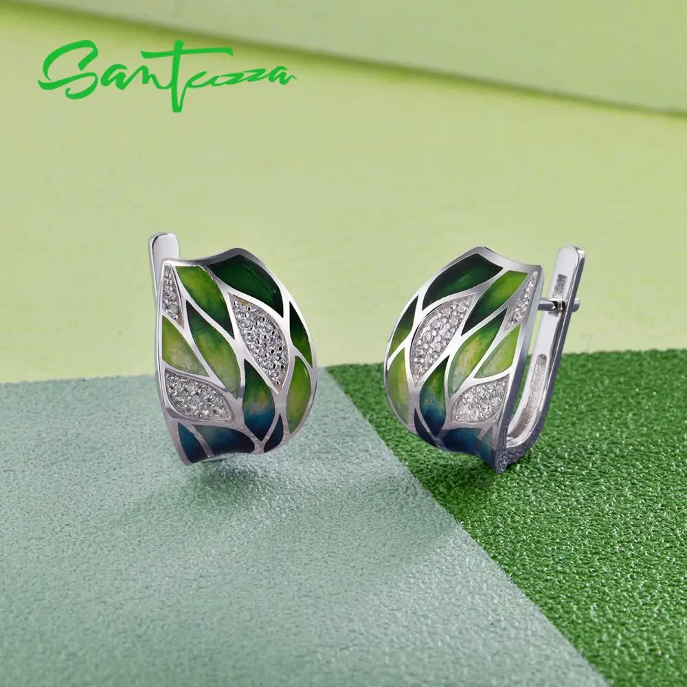 Tanie SANTUZZA srebrne kolczyki dla kobiet oryginalne 925 srebro zielone z liśćmi bambusa błyszczące białe CZ Fine Jewelry Handmade emalia