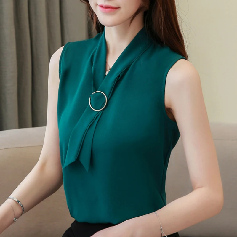 

summer women blouses 2019 womens clohting Sleeveless chiffon blouse bow collar office ladies tops womens tops and blouses B389