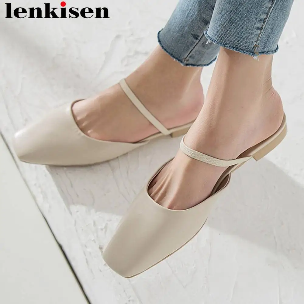 

Lenkisen newest full grain leather slip on mules square toe outside concise style summer women cute girls leisure slippers L37