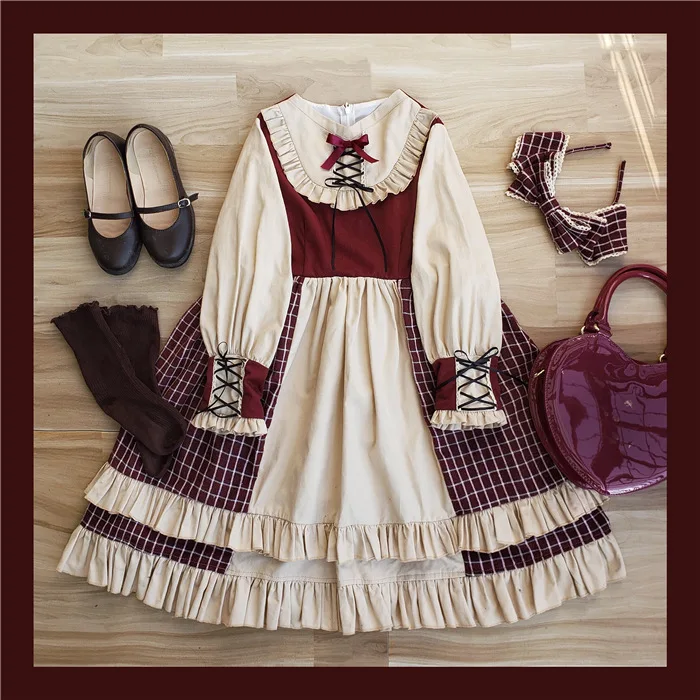 

Raspberry ~ Retro Style Long Sleeve Plaid Lolita Dress & Matching KC