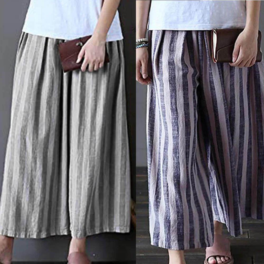 Womens Ladies Casual Cotton Linen Stripe Wide Leg Cropped Trousers Pants Perfect Match with 