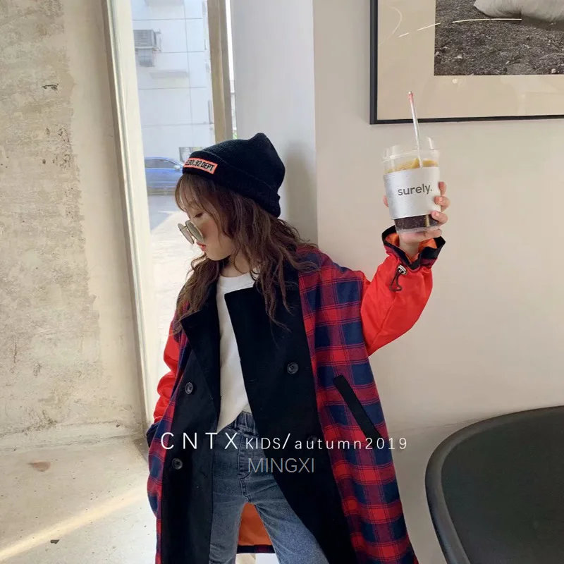 

Children's 2019 autumn new girls coat children's plaid windbreaker stitching tide boy jacket