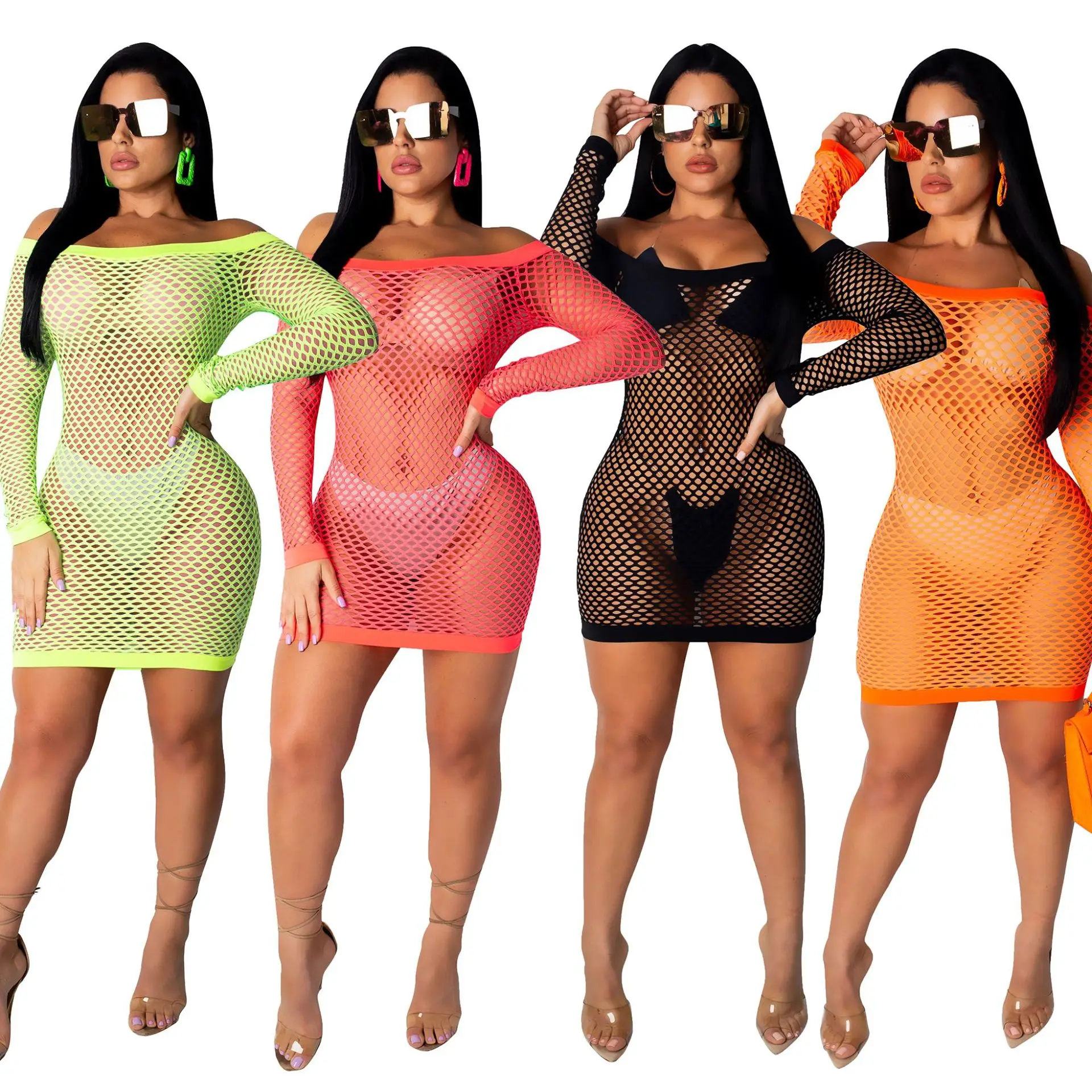 

2019 Explosion Models Sexy Word Collar Large Mesh Multicolor Dress Women Summer Dress Vestidos De Verano Mesh Dress Neon Green