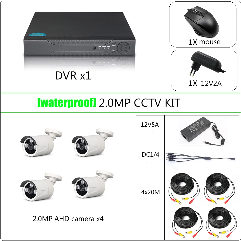 YiiSPO 4CH Камера видеонаблюдения комплект 1080P AHD камера HD CCTV DVR kit HDMI выход VGA просмотр телефона Крытый/водонепроницаемый P2P 2.0MP 1080N DVR 20 mcable
