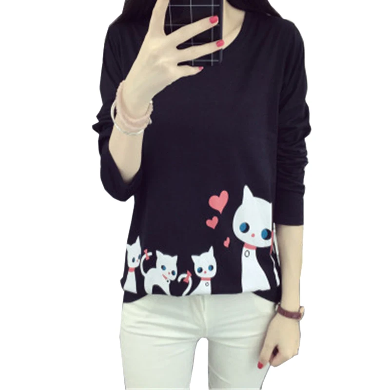

Female new spring long-sleeved O-neck tops bottoming T-shirt Women Casual Print Loose animal picture fashion T Shirts