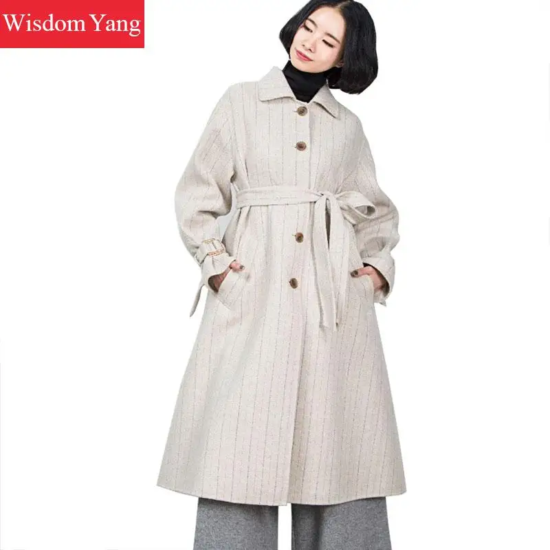 Rabattu En Beige Plus Oversize Survêtement Rayé Ceinture Pardessus Manteau Longue Laine Vintage Dames Coat Femmes Coréen Hiver De Mouton w8qOz