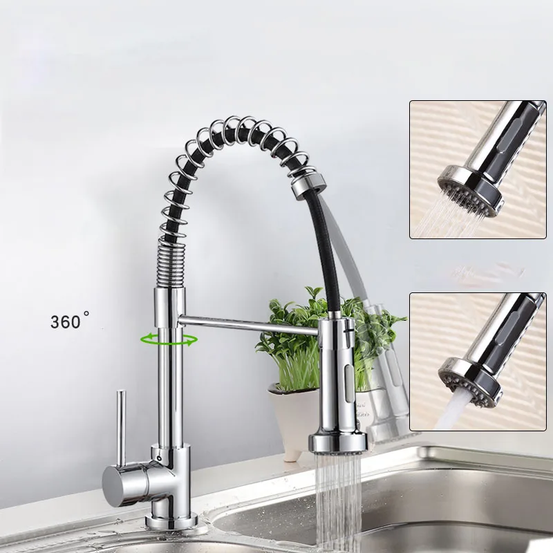 

Kitchen Faucets Brush Brass Faucets for Kitchen Sink Single Lever Pull Out Spring Spout Mixers Tap Hot Cold Water Crane 130077A
