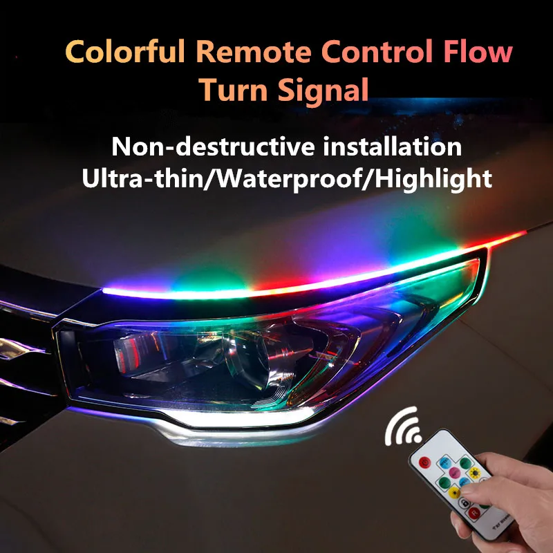 

12V 45cm 60cm LED Bendable Ultra-thin Unplugged Paste RGB Running Lights With Yellow Turn Signals Car Decoration Light 2x