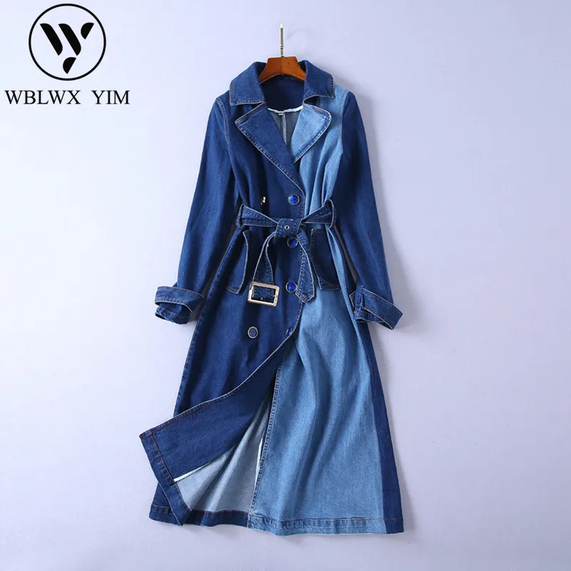

Korean splice Denim Trench coat women Fashion Classic Double breasted Jeans long Trench coat female Elegant Business Outerwear