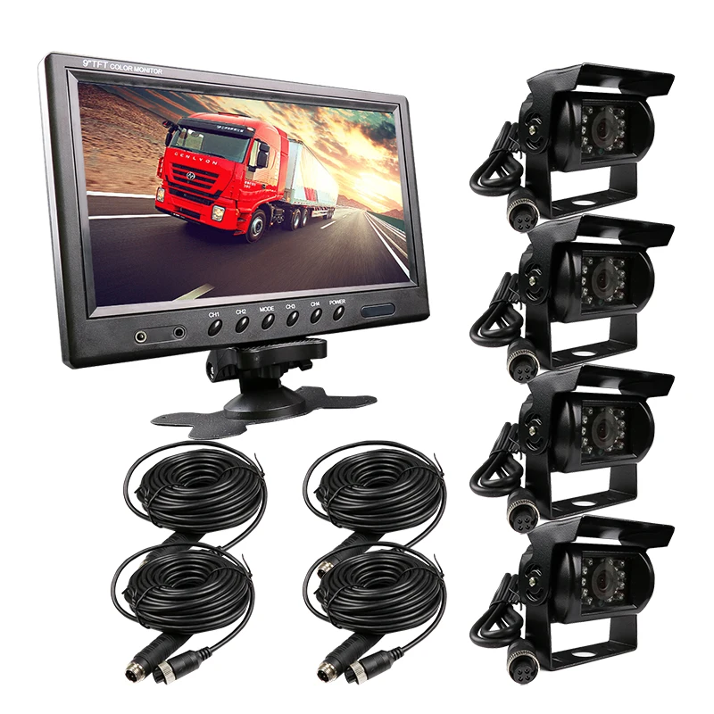 FREE SHIPPING 12V - 24V 9&quot LCD Quad Split Car Reversing Monitor 4 Channel Video View + SONY 600TVL CCD Backup Rear Camera | Автомобили