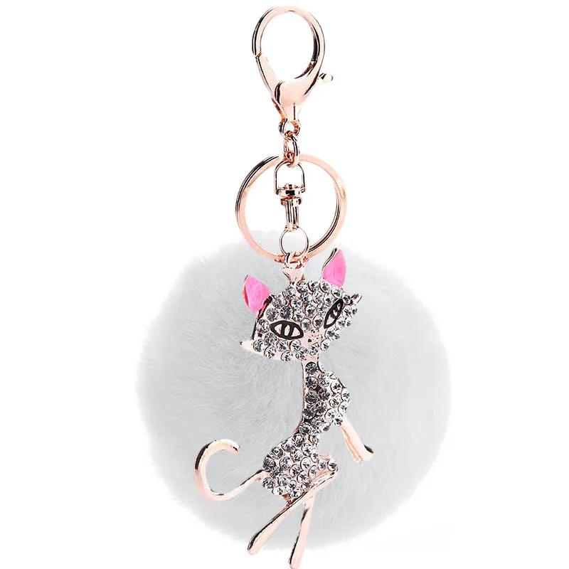 

2017 new trinket fake pompom keychain bunny keychains on bag rabbit fur Keychain fur pom pom charms for bags anime
