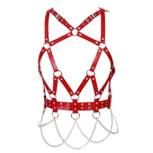 Красная кожаная обвязка для тела Связывание Регулировка панк металлическая цепь черные сексуальные топы Хэллоуин танец фестивальный рейв белье для женщин