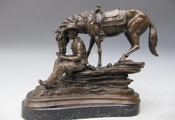 

USPS to USA S0955 10 West Cowboy Reading Book And Horse Pure Bronze Copper art Statue B0401
