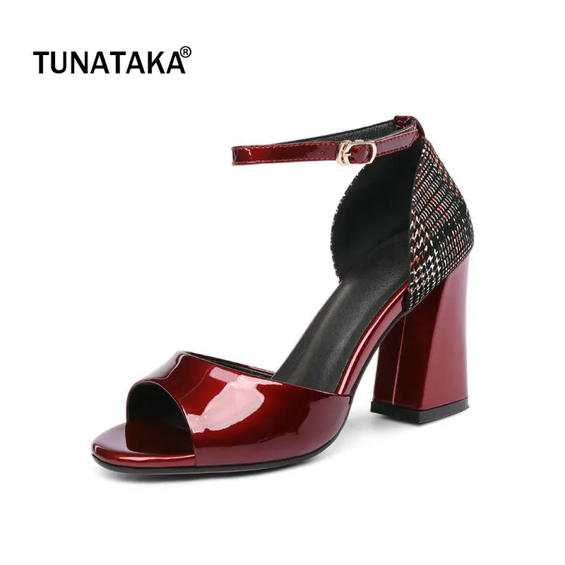 

Patent Leather Square High Heel Open Toe Woman Sandals Fashion Buckle Dress Shoes Summer Shoes Woman Black Wine Red
