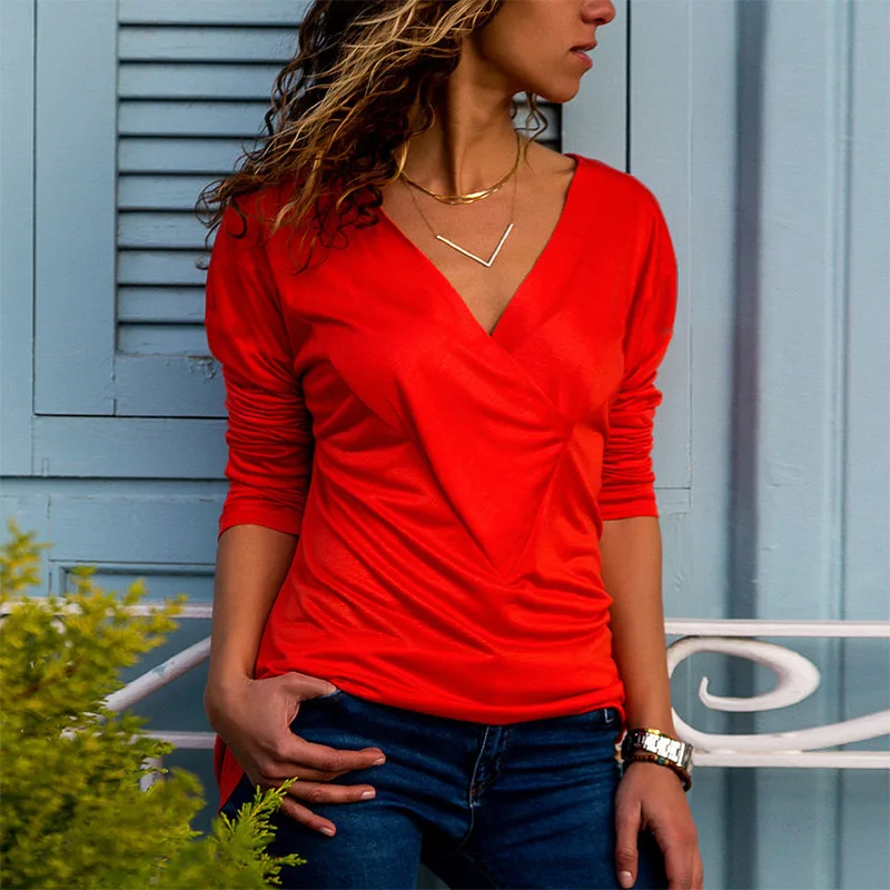 

Solid Color Woman Long Sleeve Slim T-shirts 2019 Spring Autumn Casual Tshirts Plus Size Pleated Female V-neck Tops Tee Blusas