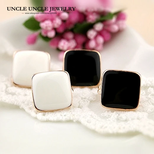 

Fashion Square Earrings Rose Gold Color Enamel Craft Black White Color 1.4cm Woman Stud Earring Birthday Gift Drop Shipping