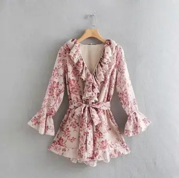

Women Flower Printing V Neck Cascading Ruffle Conjoined Shorts Female Long Sleeve Jumpsuits 2019 Summer Streetwear