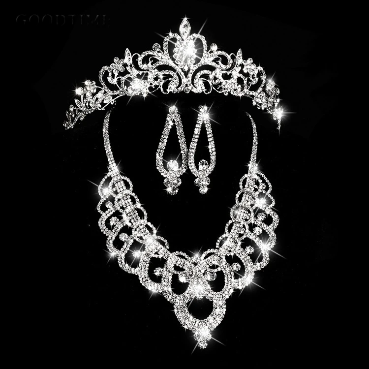 

Fashion Noble Crystal Bridal Jewelry Sets Hot Sale Silver Fashion Wedding Jewelry Tiara Necklace Earrings for Brides Bridesmaids