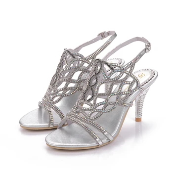 

2019 Summer New Silver Seaweed Pattern High Heels Sandals Personality Fashion Inlaid Rhinestone Women's Shoes Wedding Shoes 8CM