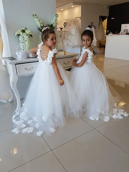 

Backless white/ivory lace flower girl dress with pearls and flowers petals train kids first communion gown for wedding and party