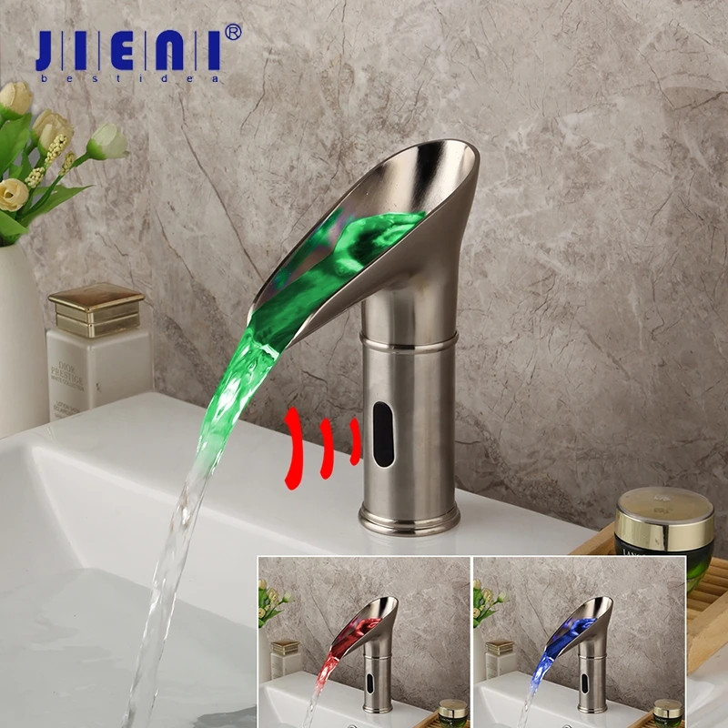 

JIENI Automatic Sensor Hand Touch Griffin Nickel Brushed Bathroom Sink Faucet Solid Brass Basin Sink Mixer Waterfall Faucet