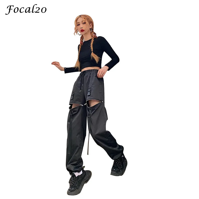 

Focal20 Harajuku Black Zipper Ribbon Female Jogger Pants Trousers Loose Summer Spring Solid Color Hole Women Jogger Pants