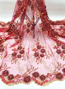 

High Quality Red 3D Flower embroidered African Tulle Lace Fabric with Beads French Mesh Lace Fabric for Wedding DressNC-004