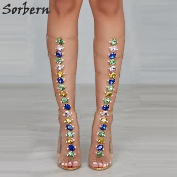 

Sorbern Clear Pvc Gladiator Sandals For Women High Heels Colorful Crystals Knee High Party Shoes Women Stilettos Custom Colors