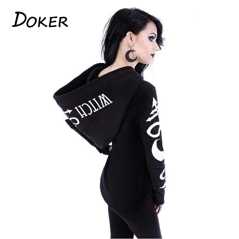  Women Hoodies Gothic Punk Moon Letter Print Sweatshirts 2018 Autumn Winter Long Sleeve Black Jacket