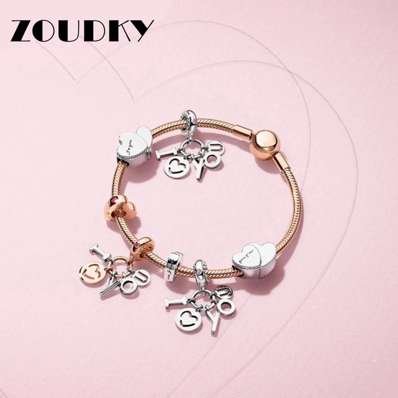

ZOUDKY NEW 100% 925 Sterling Silver Rose Moments Smooth Two Hearts Charm Fit DIY Original Charm Bracelets Set Jewelry Friendship