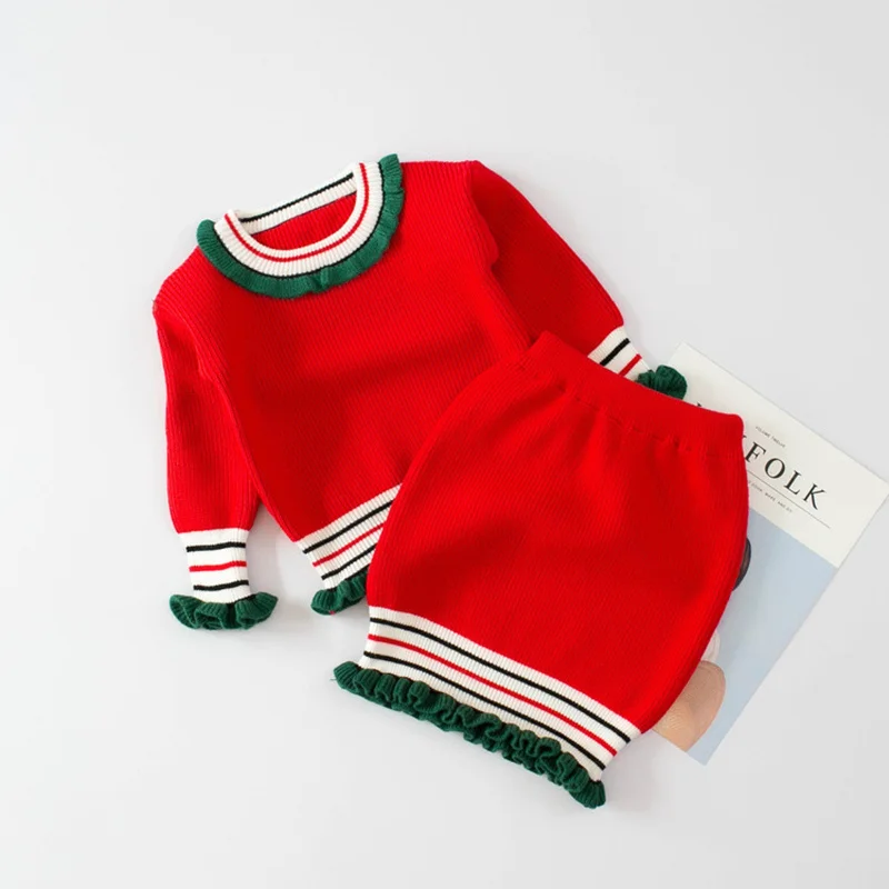 

children clothing sets new spring baby girls sweater + skirt 2pcs striped knitting pullovers toddlers kids outfits