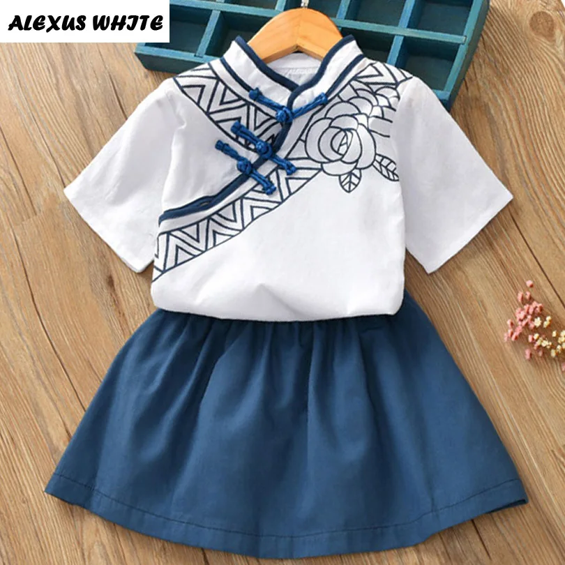 

2017 Girl Clothes Set Blue and White Porcelain Tops Tee +skirt 2pcs Children Kids Bobo Bebe Brand Party Princess 90-130cm Vintga